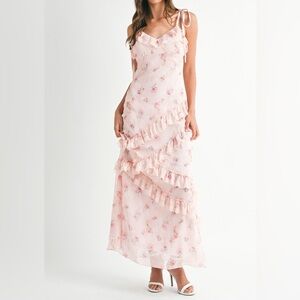 Blush Pink Floral Ruffle Maxi Dress – Cottagecore Romance Slip Gown